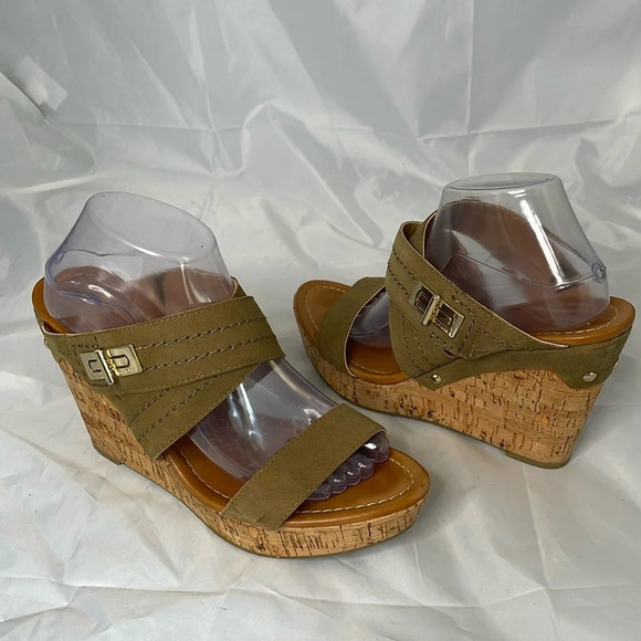 TOMMY HILFIGER Mili Platform Wedge Sandals Olive Green Suede Leather Gold 10 - Picture 13 of 13